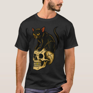 Traditionele Vintage Zwarte Katten schedel T-shirt