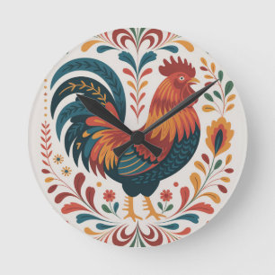 Traditionele volksillustratie van een haan ronde klok
