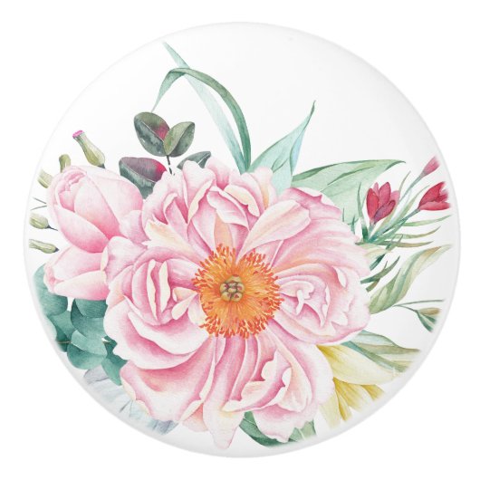 Traditionele Waterverf Floral Peony in roze design Keramische Knop (Voorkant)