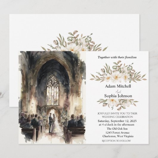 Traditionele Waterverf kerk bruiloft Kaart (Voorkant / Achterkant)