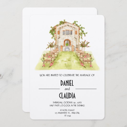 Traditionele Waterverf kerk bruiloft Kaart (Voorkant / Achterkant)