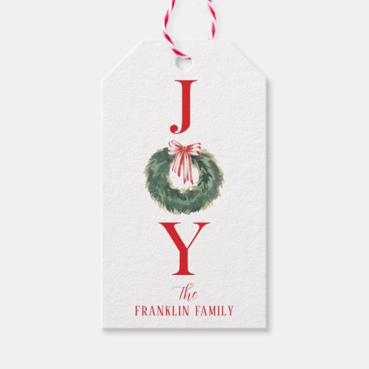 Traditionele Waterverf Kerstkrans Vreugde Cadeaulabel (Voorkant)