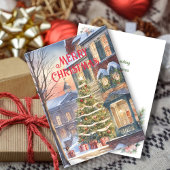 Traditionele Waterverf Winter Kerstboom Scène Feestdagenkaart