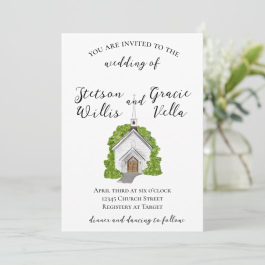 Traditionele waterverfkerk trouwuitnodiging kaart (Staand voorkant)