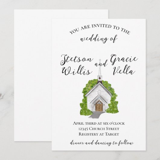 Traditionele waterverfkerk trouwuitnodiging kaart (Voorkant / Achterkant)