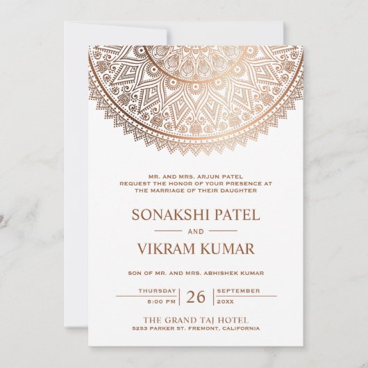 Traditionele White Bronze Mandala Indiaas bruiloft Kaart (Voorkant)