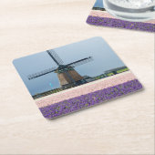 Traditionele windmolen met roze en paarse bloemen kartonnen onderzetters (Schuin)