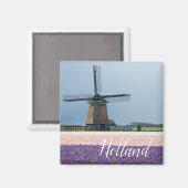 Traditionele windmolen met roze en paarse bloemen magneet (Voorkant / Achterkant)
