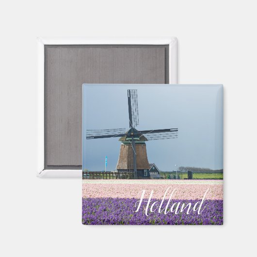 Traditionele windmolen met roze en paarse bloemen magneet (Voorkant / Achterkant)