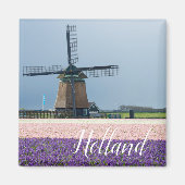 Traditionele windmolen met roze en paarse bloemen magneet (Voorkant)
