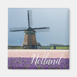 Traditionele windmolen met roze en paarse bloemen magneet