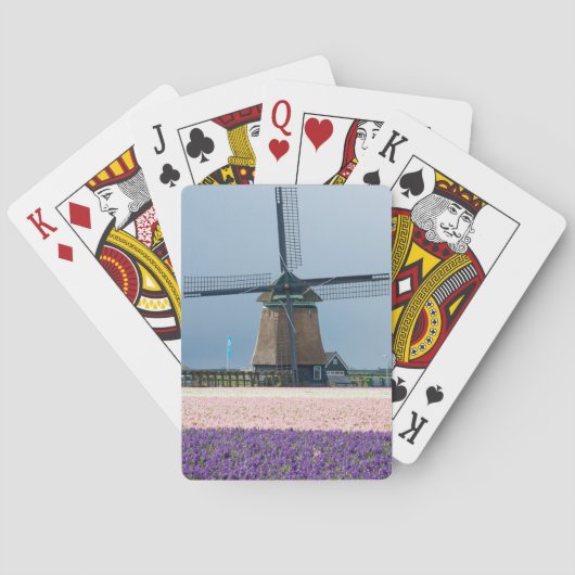 Traditionele windmolen met roze en paarse bloemen pokerkaarten (Achterkant)