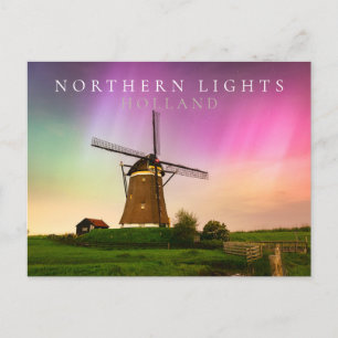 Traditionele windmolen onder het Noorderlicht Briefkaart