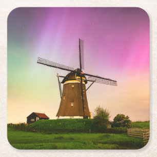 Traditionele windmolen onder het Noorderlicht Kartonnen Onderzetters