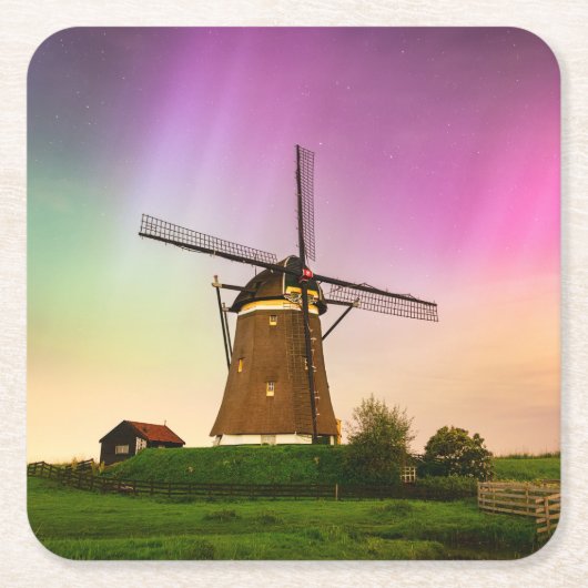 Traditionele windmolen onder het Noorderlicht Kartonnen Onderzetters (Voorkant)