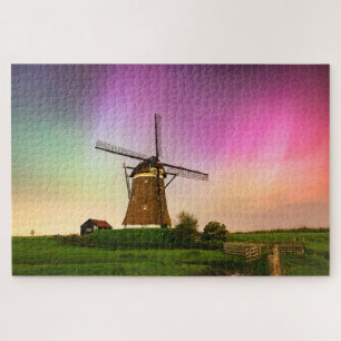 Traditionele windmolen onder het Noorderlicht Legpuzzel