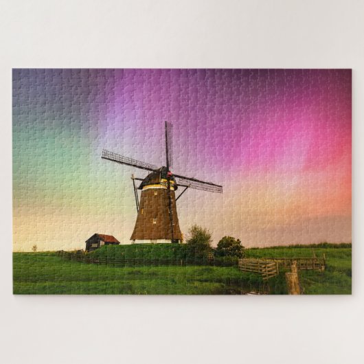 Traditionele windmolen onder het Noorderlicht Legpuzzel (Horizontaal)