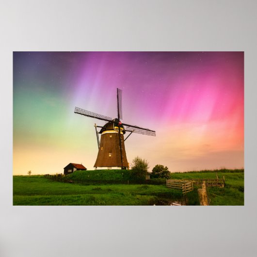 Traditionele windmolen onder het Noorderlicht Poster (Voorkant)