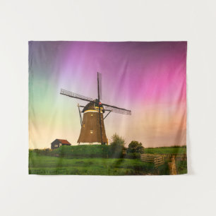 Traditionele windmolen onder het Noorderlicht Wandkleed