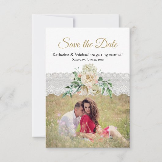 Traditionele witgouden Rozen Bloemenkantbruiloft Save The Date (Voorkant)