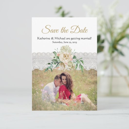 Traditionele witgouden Rozen Bloemenkantbruiloft Save The Date (Staand voorkant)