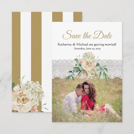 Traditionele witgouden Rozen Bloemenkantbruiloft Save The Date (Voorkant / Achterkant)