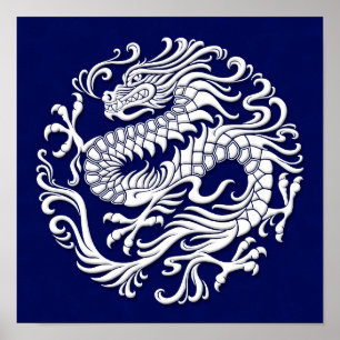 Traditionele witte en blauwe Chinese drakencirkel Poster