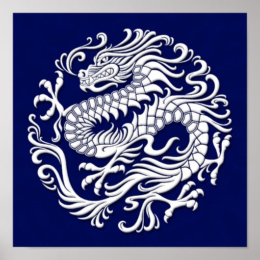 Traditionele witte en blauwe Chinese drakencirkel Poster (Voorkant)