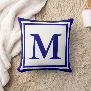 Traditionele Witte en Navy Blue Monogram Sjabloon Kussen