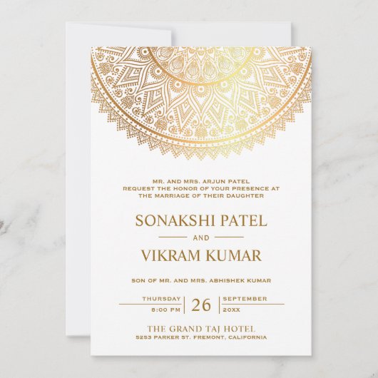 Traditionele witte gouden Mandala Indische bruilof Kaart (Voorkant)