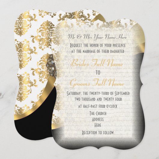 Traditionele witte zwart en goud damast bruiloft kaart (Voorkant / Achterkant)