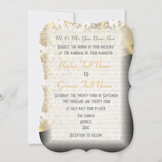 Traditionele witte zwart en goud damast bruiloft kaart (Voorkant)