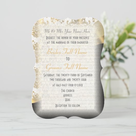 Traditionele witte zwart en goud damast bruiloft kaart (Staand voorkant)