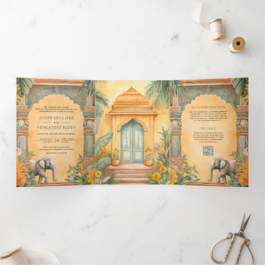 Traditionele Zuid-Indiase foto QR Code bruiloft Drieluik Uitnodiging (Binnen)