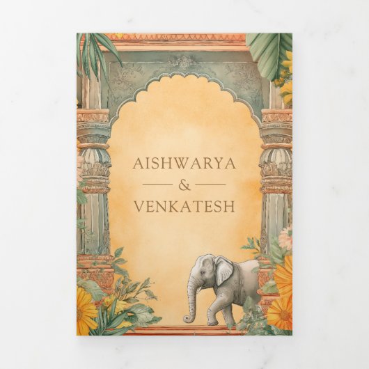 Traditionele Zuid-Indiase foto QR Code bruiloft Drieluik Uitnodiging (Cover)