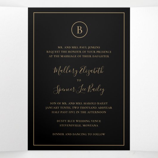 Traditionele zwart en goud elegante bruiloft drieluik uitnodiging (Binnenkant midden)