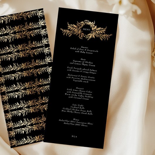 Traditionele zwart-gouden krans monogram bruiloft menu