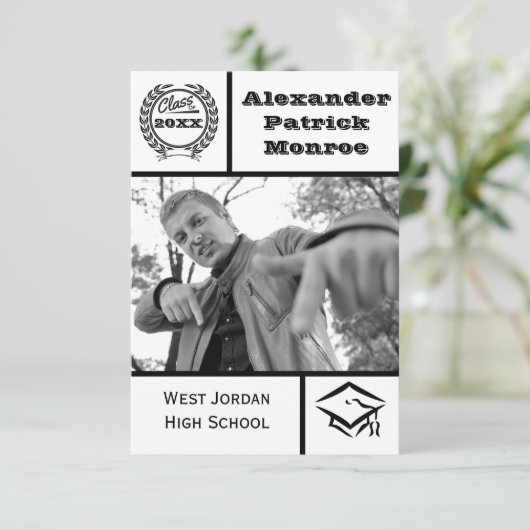 Traditionele zwart-wit-3x5Afstuderen uitnodiging (Staand voorkant)