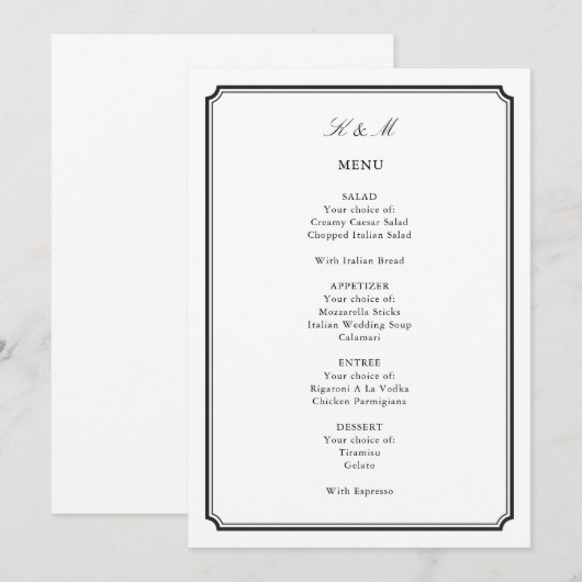 Traditionele zwart-wit bruiloft receptie menu (Voorkant / Achterkant)