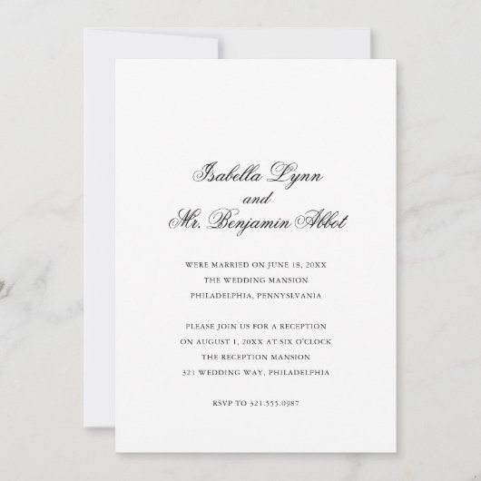 Traditionele zwart-wit bruiloftsreceptie kaart (Voorkant)