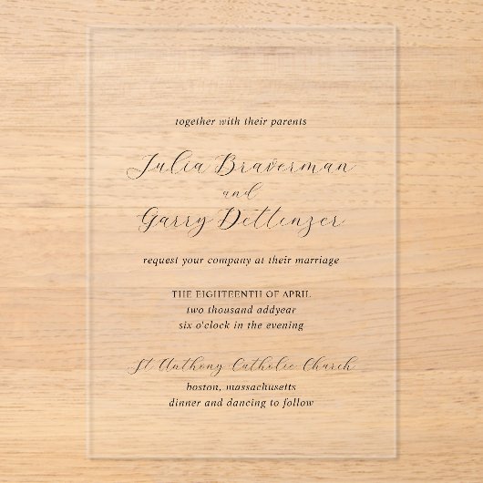 Traditionele zwart-wit elegante bruiloft acryl uitnodigingen (Voorkant)