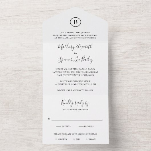 Traditionele zwart-wit elegante bruiloft all in one uitnodiging (Binnen)