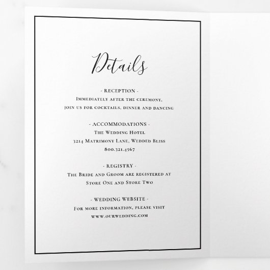 Traditionele zwart-wit elegante bruiloft drieluik uitnodiging (Binnenzijde eerst)