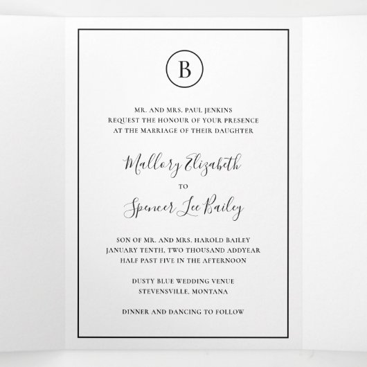 Traditionele zwart-wit elegante bruiloft drieluik uitnodiging (Binnenkant midden)