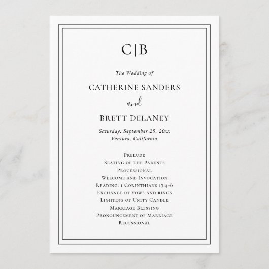 Traditionele zwart-wit elegante bruiloft programmakaart (Voorkant)