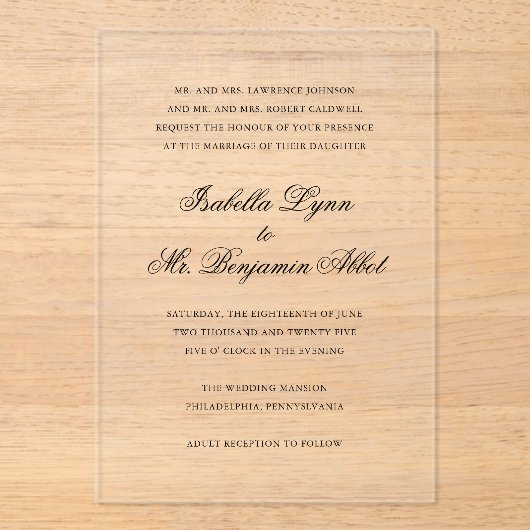 Traditionele zwart-wit formele elegante bruiloft acryl uitnodigingen (Voorkant)