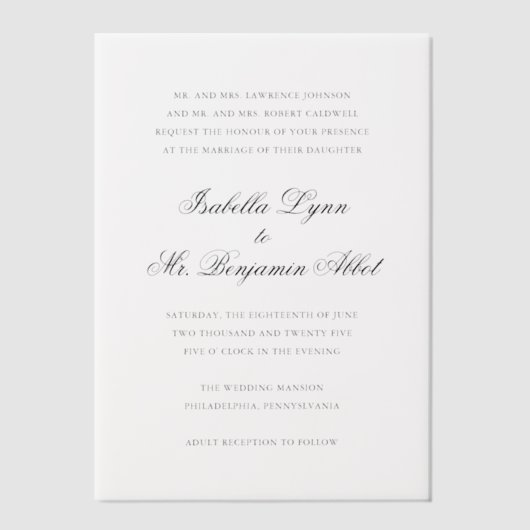 Traditionele zwart-wit formele elegante bruiloft vellum uitnodigingen (Voorkant)