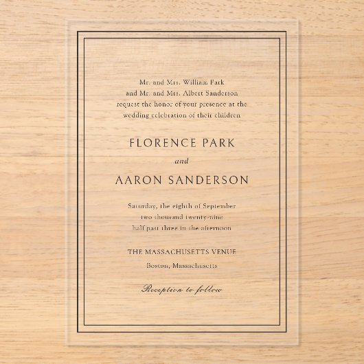 Traditionele zwart-wit tijdloze bruiloft acryl uitnodigingen (Voorkant)