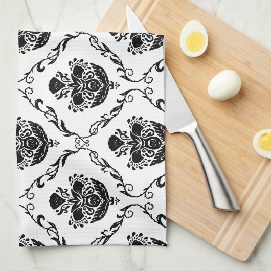 Traditionele zwarte Damask Theedoek (Quarter Fold)