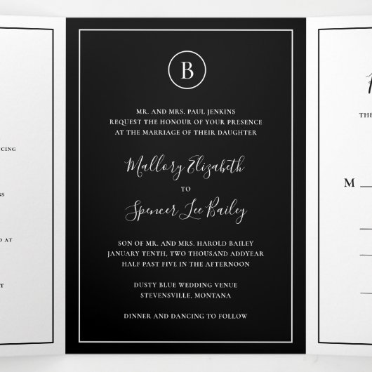 Traditionele zwarte elegante bruiloft drieluik uitnodiging (Binnenkant midden)